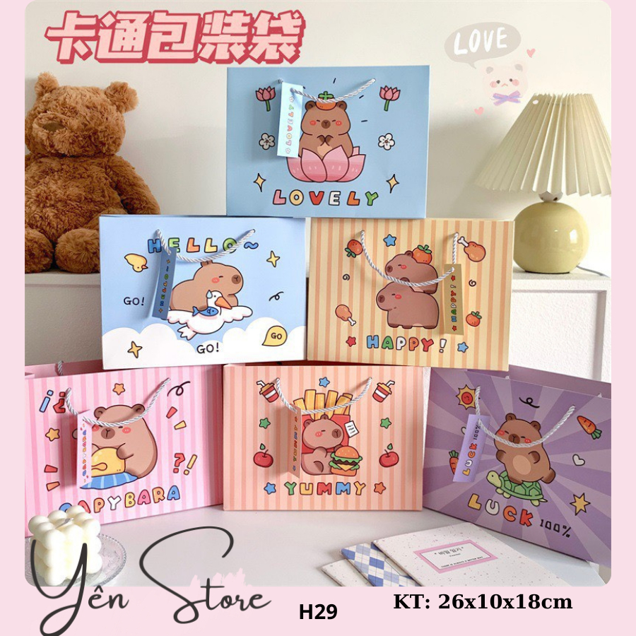 Túi Đựng Quà Tặng, Sách Vở Capybara có quai xách dễ thương nhiều mẫu mã KT 26x10x18cm- H29
